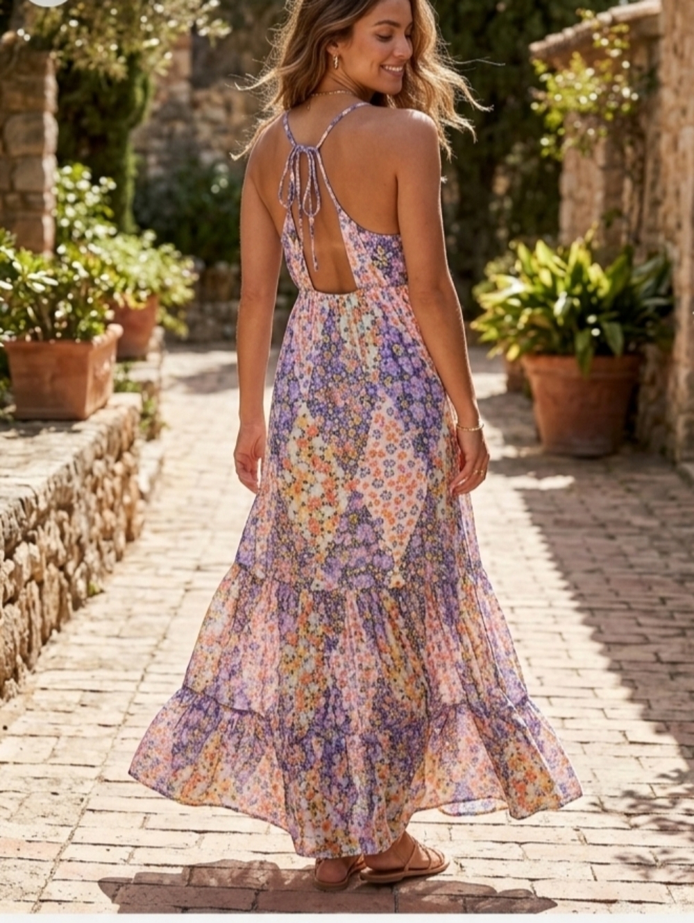 Angie Floral Patchwork Maxi Dress Large Boho Tiered Open Back L